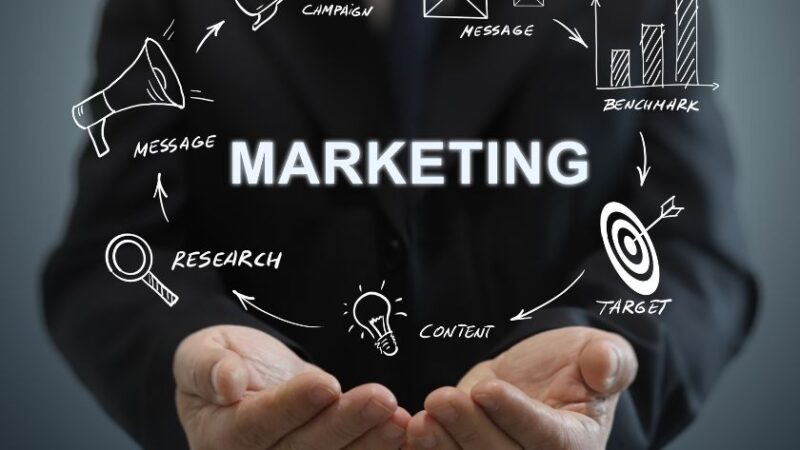 Homme daffaires présentant un schéma de marketing avec icônes illustrant recherche message campagne contenu cible et analyse