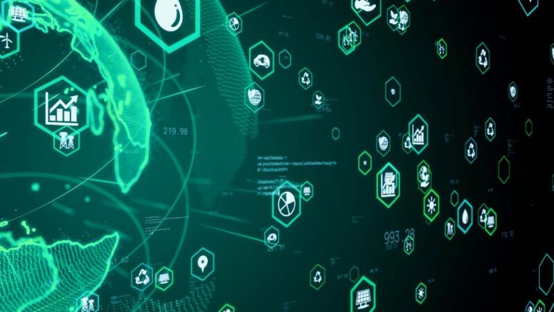 Illustration numérique représentant la durabilité et lécologie avec des icônes vertes liées à lenvironnement et la planète Terre en arrière plan