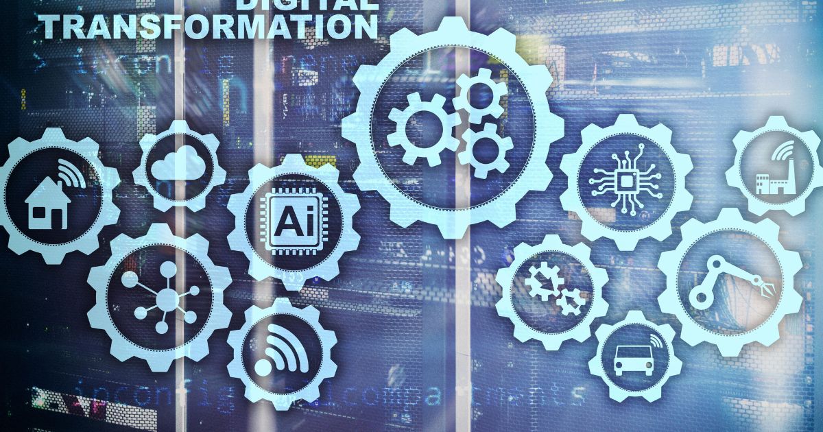 Illustration de la transformation numérique avec des icônes dIA cloud connectivité et automatisation affichées dans des engrenages