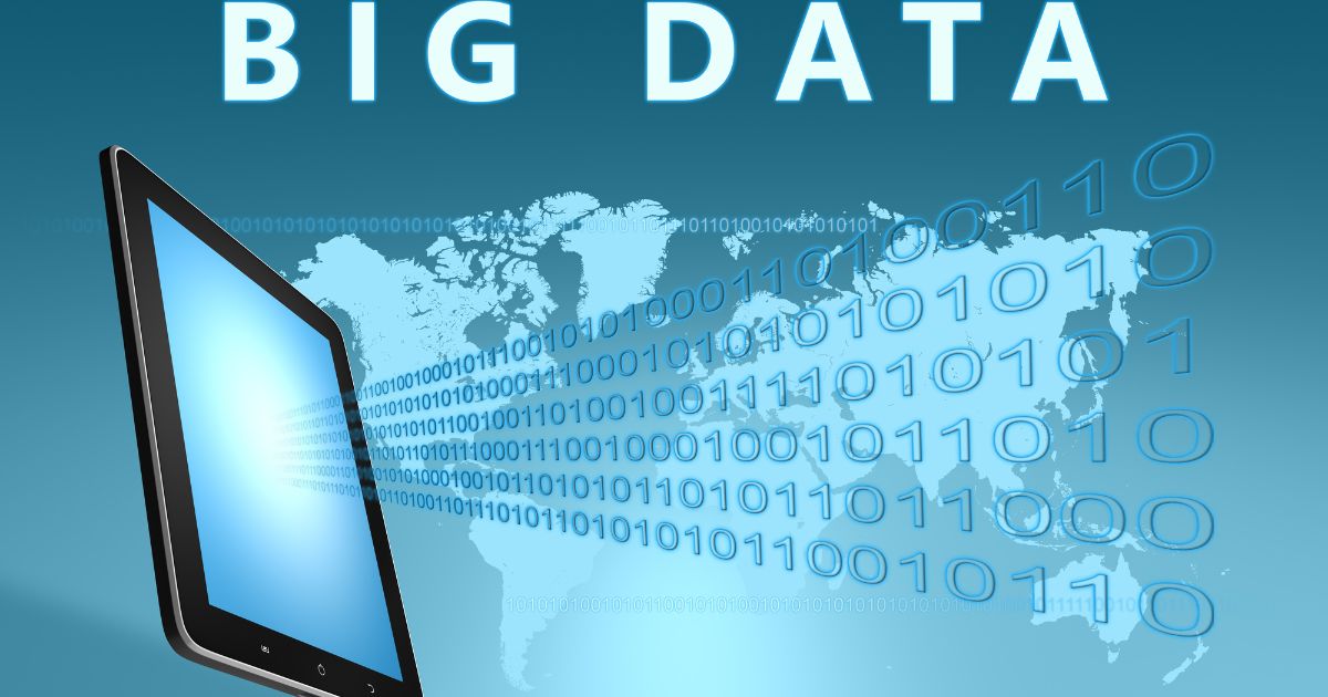 Illustration de big data avec une tablette projetant des données binaires vers une carte du monde