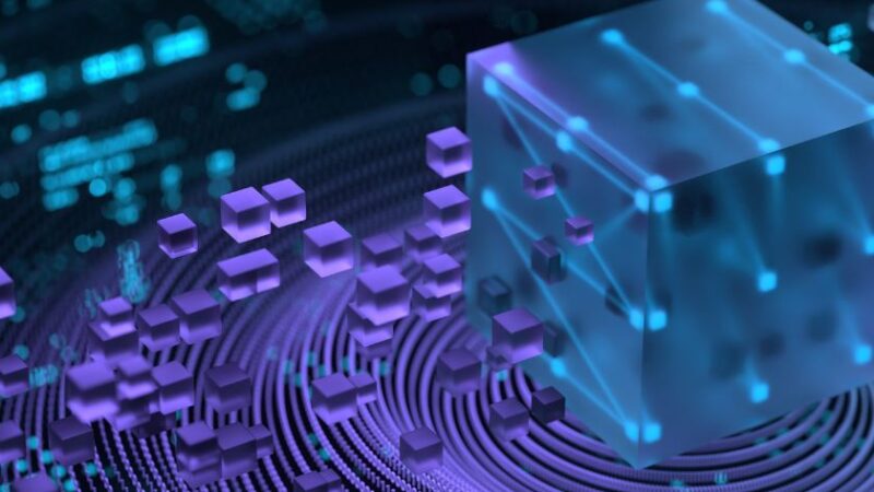 Illustration 3D de cubes violets représentant des blocs de données se connectant à un grand cube bleu symbolisant la blockchain