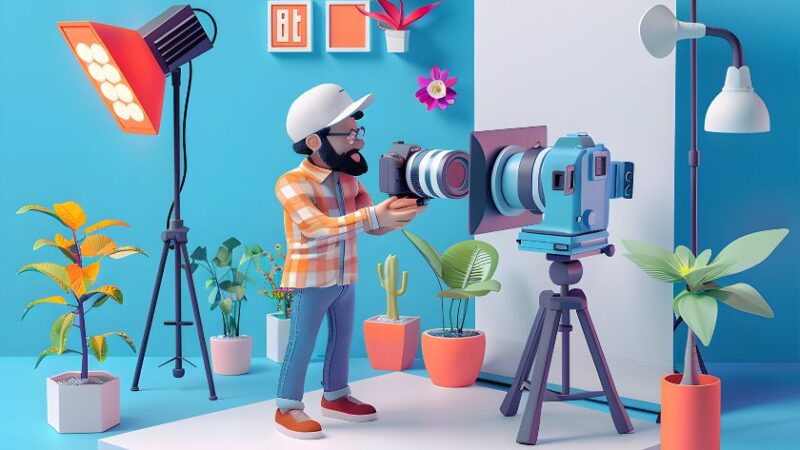 Illustration 3D dun studio photo avec un photographe caméras et éclairages modernes entouré de plantes colorées