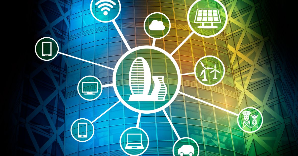 Schéma circulaire représentant un réseau de smart grid connecté à des énergies renouvelables véhicules technologies et infrastructures électriques