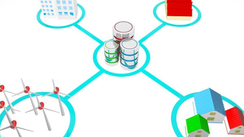 Schéma simplifié dun smart grid reliant des maisons bâtiments éoliennes et centrale électrique à un réseau énergétique central