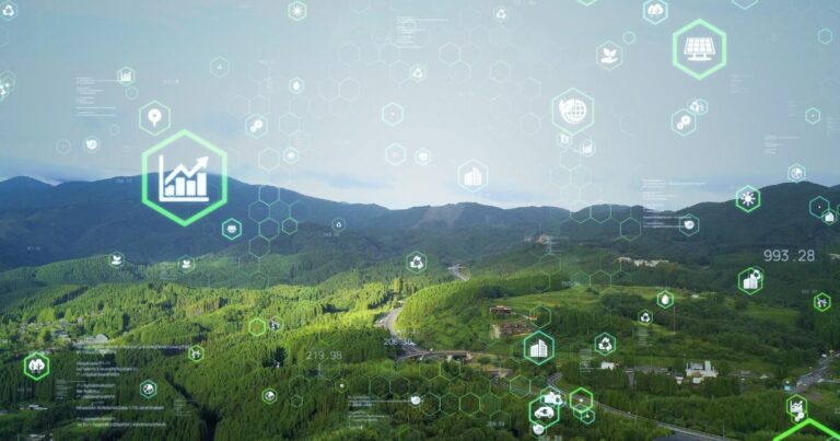 Paysage montagneux verdoyant avec des icônes technologiques et écologiques flottantes illustrant lintégration du développement durable et des innovations numériques