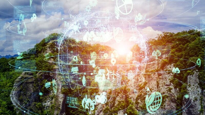 Illustration conceptuelle de lintégration de la technologie et du développement durable avec des icônes écologiques et un globe numérique flottant au dessus dune forêt montagneuse