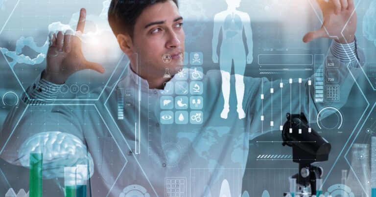 Chercheur utilisant une interface holographique affichant des données médicales et biologiques avancées