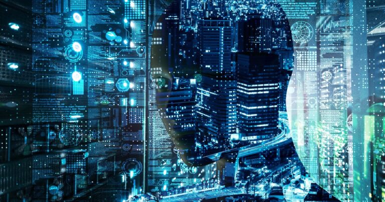 Silhouette dun visage humain numérique superposé à une ville futuriste et à des circuits électroniques représentant lIA et lEdge Computing