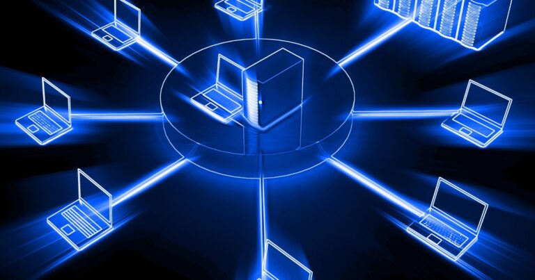 Schéma numérique représentant un serveur central connecté à plusieurs ordinateurs portables en réseau