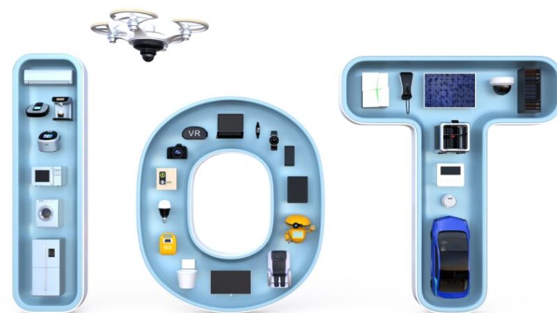 Illustration créative des lettres IoT remplies dobjets connectés pour la maison intelligente