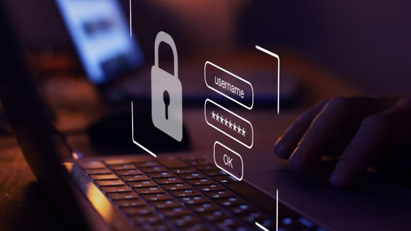 Connexion sécurisée sur ordinateur portable avec icône de cadenas et formulaire de mot de passe