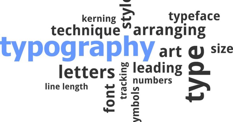 Nuage de mots autour du terme typography avec des mots liés à la typographie comme font style size letters