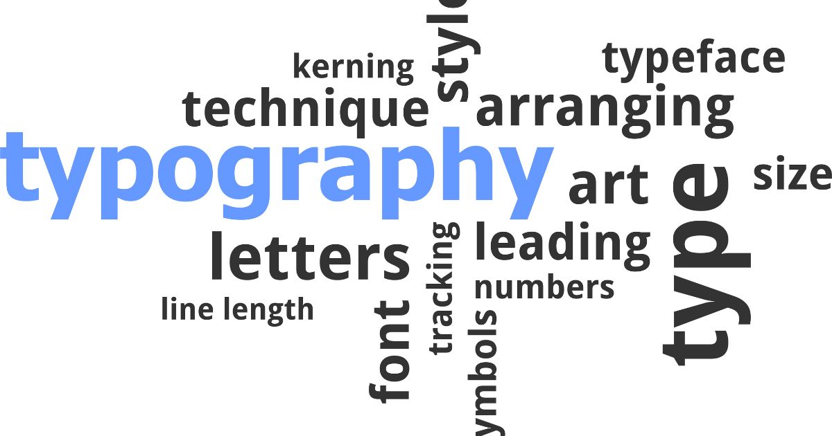 Nuage de mots autour du terme typography avec des mots liés à la typographie comme font style size letters