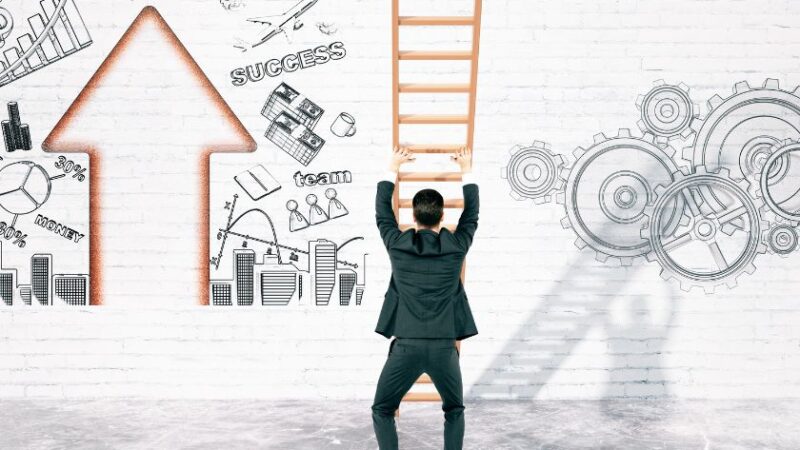 Homme en costume montant une échelle face à un mur dessiné avec flèche ascendante graphiques engrenages et mots clés comme success team et money