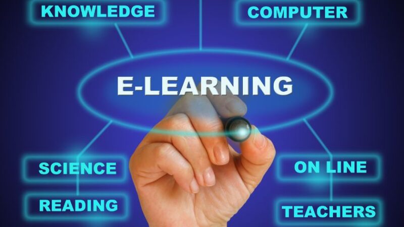 Main dessinant un schéma reliant le mot E Learning à des concepts éducatifs numériques