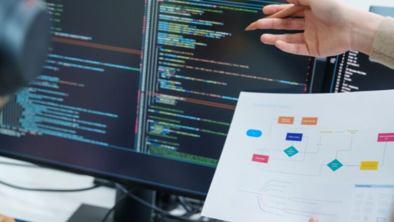 Équipe de développeurs collaborant sur du code avec un schéma de workflow logiciel en main devant un écran dordinateur