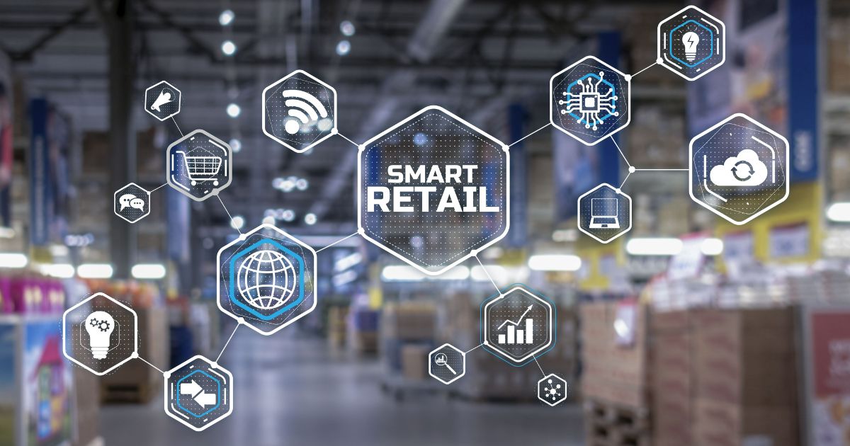 Concept de Smart Retail avec icônes technologiques connectées sur fond dentrepôt ou de grande surface commerciale
