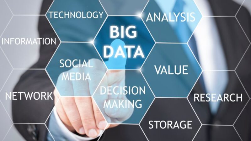 Concept de Big Data avec mots clés associés stratégie analyse décision technologie réseau et médias sociaux